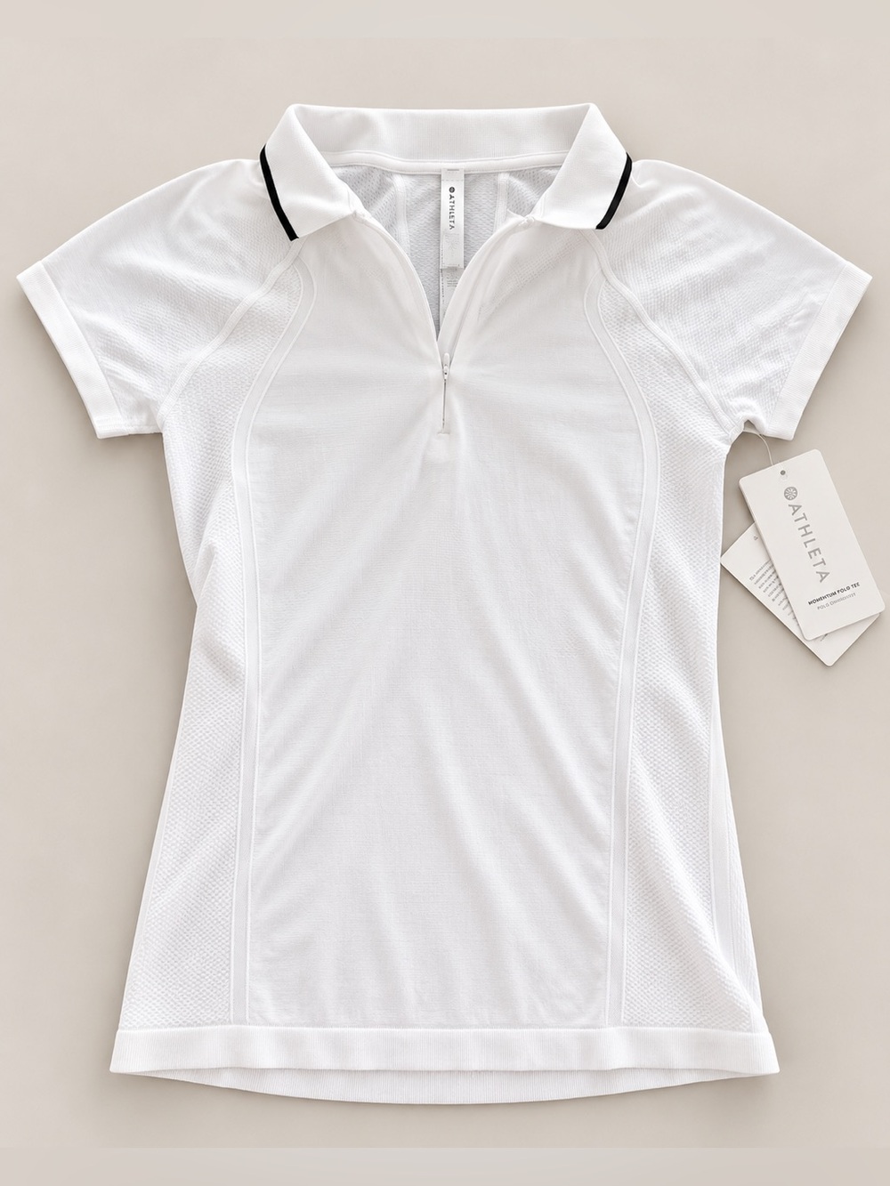 NWT Athleta White Short-Sleeve Zip Polo with Black Collar Trim S